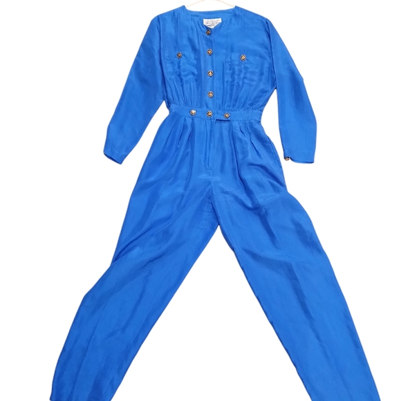 Vintage 80s Saks Fifth Ave 100% Silk Blue Pant JumpSuit Womans Small Retro Punk - Picture 2 of 12